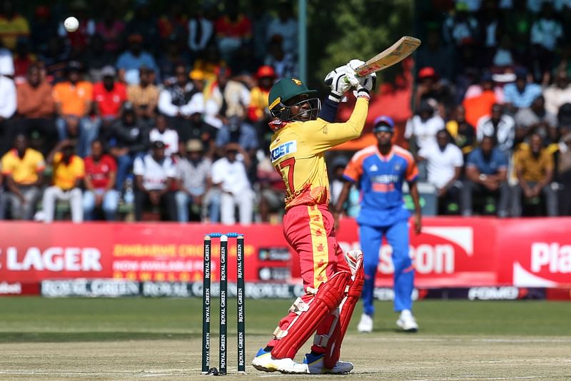 Zimbabwe's Wessly Madhevere (C) plays a shot during the first T20 international cricket match between Zimbabwe and India at Harare Sports Club in Harare on July 6, 2024